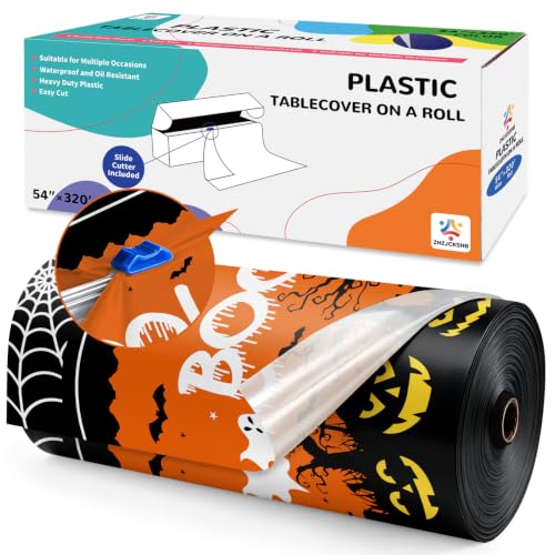 54IN X 320FT Halloween Plastic Table Cover Roll with Cutter Box, Cut to Size Plastic Table Cloths for Parties, Birthday(BOOI Spider Web) - color: Booi Spider Web, size: 3840" x 54" (Rectangular)