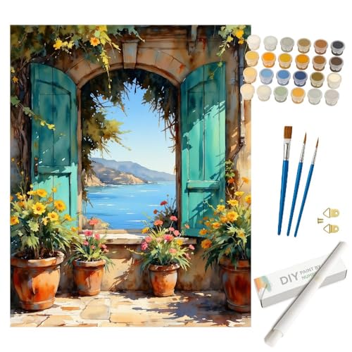 Mediterranean Paint by Numbers Kit for Adults - DIY Seaside View Through Window Painting Rolled on Canvas 16x20In, Acrylic Paint Set, Suitable for Beginners, Art for Home Decoration or Gifts - color: HSX02508, size: 16X20IN Rolled