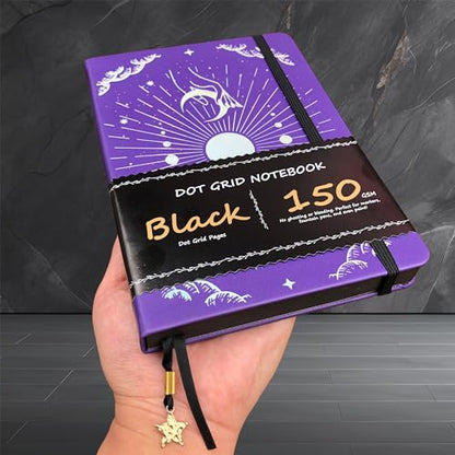 BUKE Dotted Journal - 150gsm Black Paper - 5 * 5mm DOT GRID Layout 160 Pages - A5 Size PU Leather Hardcover Drawing Sketch Notebook (Purple) - color: Purple