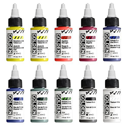 Golden High Flow Acrylic Paint Set, 10 Color Mixing Set, 1 Fl Oz Bottles, Great for Airbrush Paint, Ultra-Thin Golden Acrylic Paint, Acrylic Ink with Sticky Notes