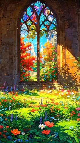 ARTGOTO Large Paint by Numbers for Adults Stained Glass Window | 15.7x27.5inch/40x70cm Paint by Number Kit on Canvas, Sunlit Flower Garden Acrylic Painting Set with Brushes, No Frame - color: PBN040