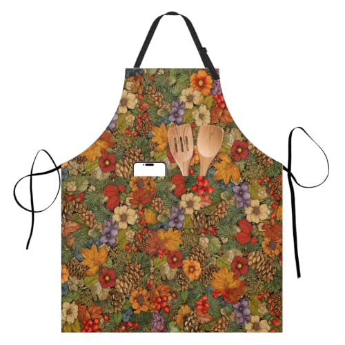 Fall Winter Aprons Pinecone Red Berry Kitchen Apron with 2 Pockets and Adjustable Neck Strap Autumn Thanksgiving Maple Leaf Flowers Cooking Apron for Baking Crafting Gardening - color: Fall Winter