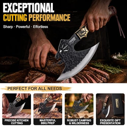 Topfeel Leopard-Head Viking Knife, Hand-Forged Meat Cleaver with Sheath
