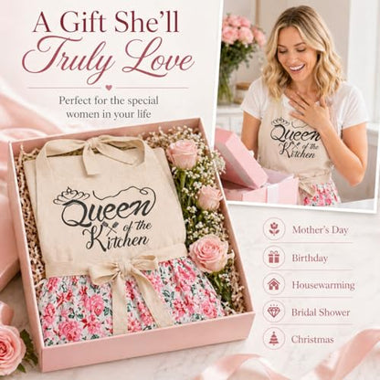 Cute Floral Apron for Women with Pockets, Cotton, Adjustable Straps - color: Pink