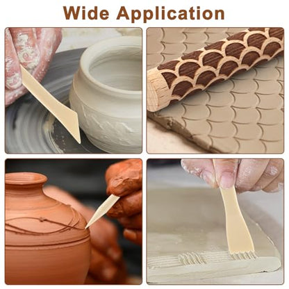 10-Pack Wooden Clay Texture Rollers Set with 5 Pcs Sculpting Tools