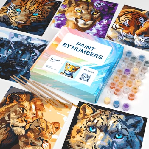 LuwoArte 6 Pack Paint by Numbers Kit for Adults – Flower Symphony – Floral Paint by Numbers for Adults Beginners – DIY Adult Paint by Number Kit – Relaxing Painting Set – 6.3 x 7.87 inch (Wild Cats) - color: Wild Cats