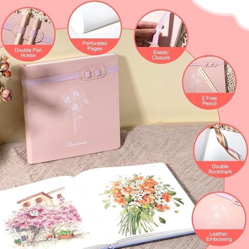 Hardcover Sketchbook for Drawing with 2 Pencils,160 Page Sketch Book,Pink | Acid Free 150GSM Thick Paper,Gift Boxed,Square Leather Art Sketch Pad Drawing Paper Book Artist's Journal for Women Adults - color: Pink