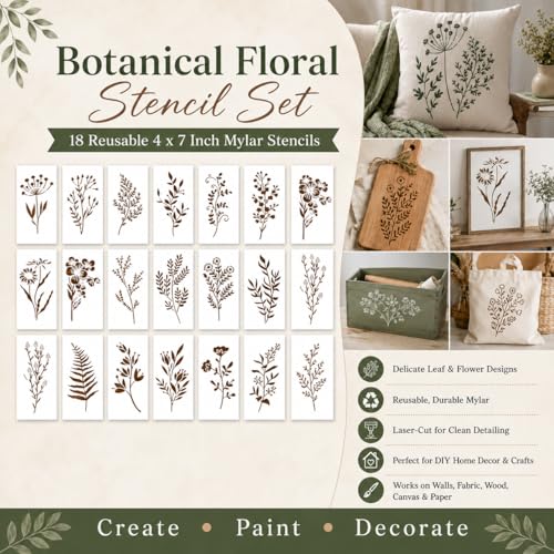 Floral Stencil Set of 18, 4x7 Inch Reusable Mylar Stencils for Painting, Botanical Leaf & Flower Stencils for Walls, Fabric, Wood, Canvas, Furniture, DIY Crafts & Home Decor, White