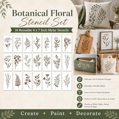 Floral Stencil Set of 18, 4x7 Inch Reusable Mylar Stencils for Painting, Botanical Leaf & Flower Stencils for Walls, Fabric, Wood, Canvas, Furniture, DIY Crafts & Home Decor, White