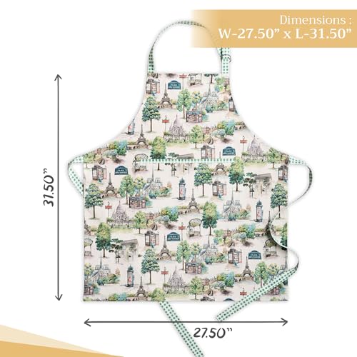 Maison d' Hermine Aprons for women with Pocket 100% Cotton (27.50"x31.50") | Adjustable Neck Strap & long ties Apron Men Chef Wedding Cooking Gardening Server Maid - color: 063 - Paris Voyage
