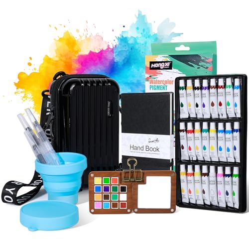 Mini Watercolor Paint Set, Portable Travel Watercolor Kit, Include Walnut Color Palette, 24-color Watercolor Paints, Refillable Brush & Sketchbook, Folding Water Cup, Water Colors Paint Set