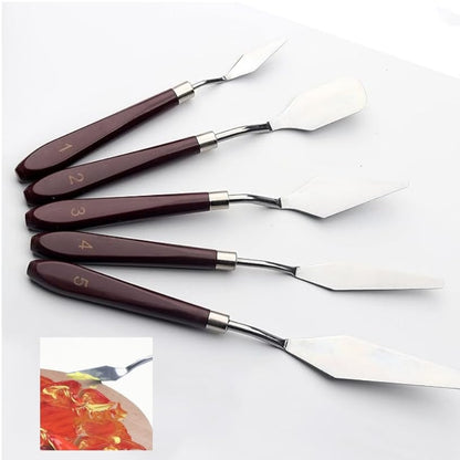 FUPUALL 5 Pieces Painting Knives Stainless Steel Spatula Palette Knife Oil Painting Accessories Color Mixing Set for Oil, Canvas, Acrylic Painting - color: Brown2