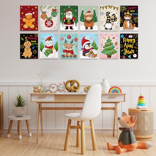 Anseal 12 Packs Christmas Pre Drawn Canvas to Paint, 5" X 7" Pre Printed Canvas for Kids, Pre Stretched Canvas Outline Painting Boards for Beginners, Students, Party Favor - color: Christmas