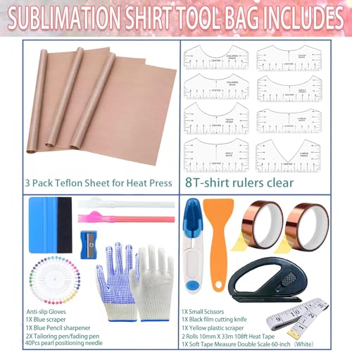 XEUZK Sublimation Shirts Tool Kits with 8 T Shirt rulers, 3Pack Teflon Sheet for Heat Press 12 x 16in, Heat Resistant Gloves with Silicone Bumps, 2 Rolls Heat Resistant Tape, 2Pcs Sublimation Pencil - color: White