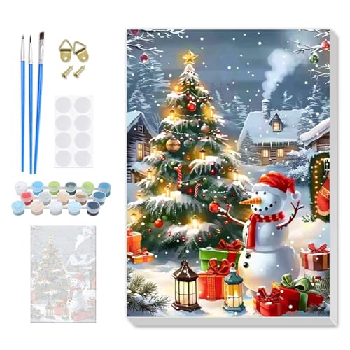SENQAO Christmas Paint by Numbers for Adults Framed, Snowman Christmas Tree Adults' Paint-by-Number Kits, Adult Paint by Number Kits on Canvas,Acrylic Number Painting for Home Decor, 8x12in - color: snowman - 01