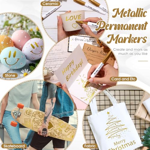 Motiskyy 12 Pcs Metallic Permanent Markers Fine Point, Gold | Paint Pens for DIY Crafts, Gift Card Making, Artist Illustration, Scrapbook Projects, Metallic Finish, Quick-drying Ink - color: Gold