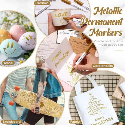 Motiskyy 12 Pcs Metallic Permanent Markers Fine Point, Gold | Paint Pens for DIY Crafts, Gift Card Making, Artist Illustration, Scrapbook Projects, Metallic Finish, Quick-drying Ink - color: Gold