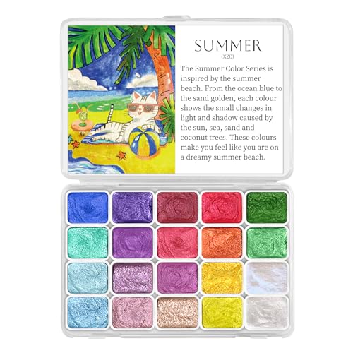 CraftyManor Mini Glitter Watercolor Paint Set, 20 Colors Shimmer Metallic Watercolour Painting Sets, Solid Pearl Water Color Paints for Adult, 1ml Trial Pack(Summer)