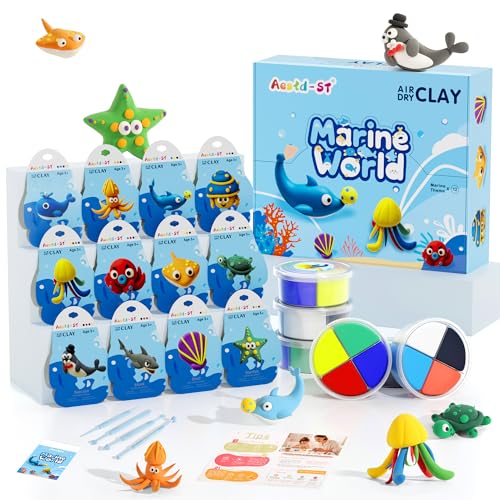 Aestd-ST Air Dry Clay Kit - Ocean Theme, Modeling Clay for Kids | DIY Magic Clay with Sculpting Tools and Tutorials, 12 Boxes Molding Clay, Soft & Non-Sticky, Arts and Crafts Gift for Kids - color: Marine World