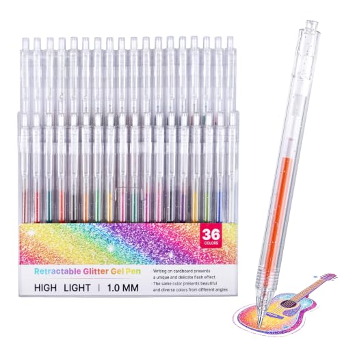 36 Colors Click Glitter Gel Pens for Coloring | Vibrant Sparkle Metallic Ink with Shimmer Effect, Fine Point Capped Set for Coloring Books, Drawing, Journaling, Note Taking - color: Retractable, size: 36 Count (Pack of 1)