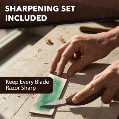 Complete Wood Carving Kit for Beginners - Gift Ready Complete Tools Set | Whittling Kit with 8 Wood Carving Knives, Spoon Carving Tools, Wood Blocks, Gloves, Roll Bag and Sharpening Strop