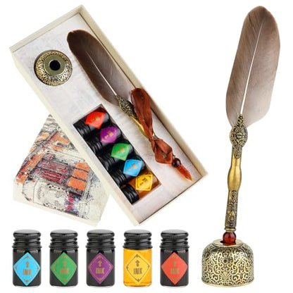 Feather Glass Dip Pen and Ink Set, Glass Calligraphy Pen with 5 Colors Ink and Pen Holder for Writing Drawing– MU-21