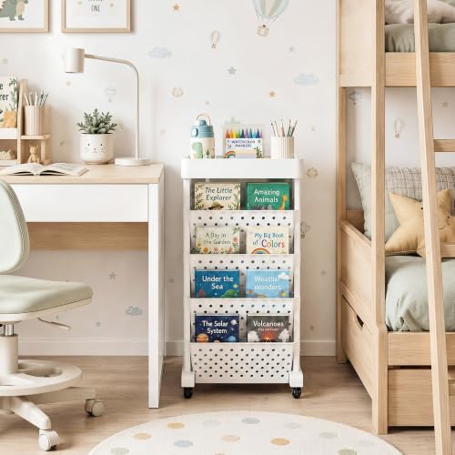 5-Tier Rolling Bookshelf Cart with Wheels, White - color: White, size: 5-Tier 26"H