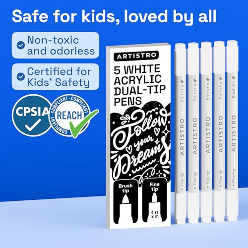 ARTISTRO 5 White Dual-Tip Acrylic Paint Marker Pens for Drawing