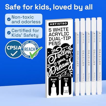 ARTISTRO 5 White Dual-Tip Acrylic Paint Marker Pens for Drawing