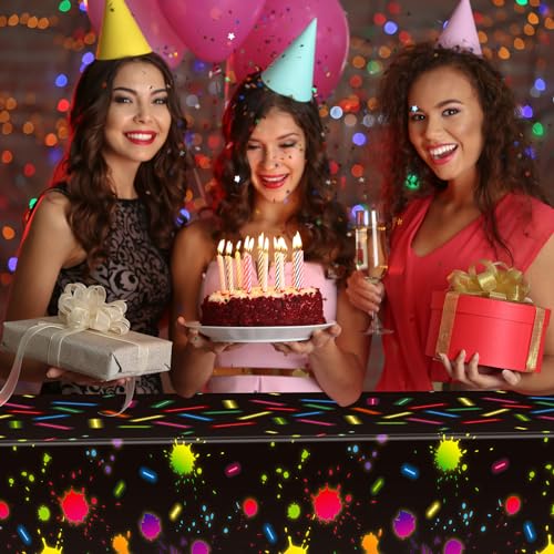 VitalCozy 6 Pcs 80s Neon Glow in The Dark Tablecloths for Party Supplies | Disposable Neon Table Cloths, 54 x 108 Inch, Plastic, Glow Party Table Covers, Halloween, Birthday, Black Light Party