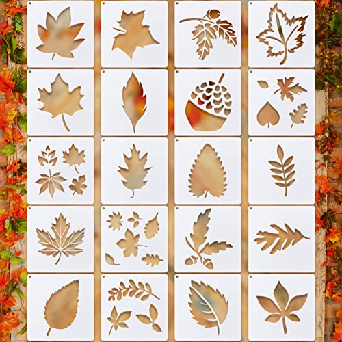 20 Pieces Autumn Leaf Stencils Fall Pumpkin Templates Reusable Craft Stencils Plastic Painting Harvest Stencil for Craft DIY Fabric Canvas Wall Maple Leaf Pumpkin Painting Home Decorations(Leaves) - style: Leaves