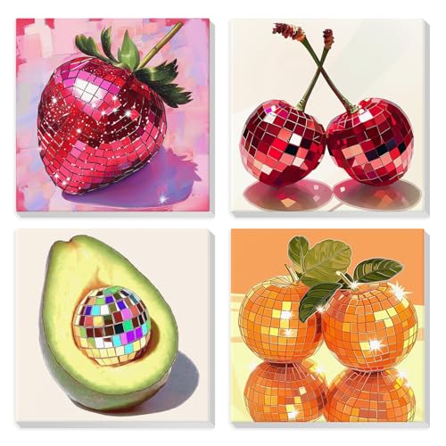 HEIBAGO 4 Pack Disco Ball Framed Paint by Numbers Kit for Adults Beginner, Adult Paint by Number Kits Fruit, DIY Paint by Numbers for Adults,Small Easy Acrylic Oil Painting for Wall Decor 8 x 8 Inch - color: Fruit Disco