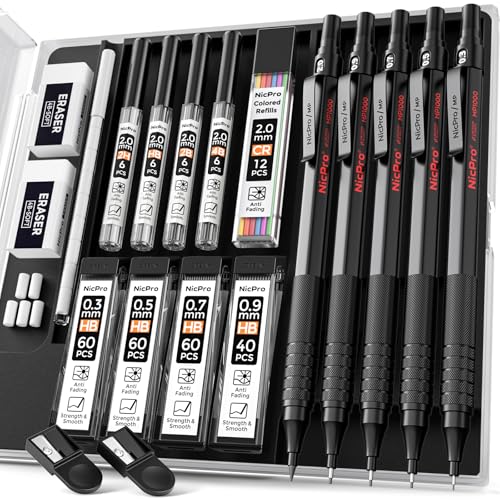 Nicpro Black Art 5PCS Mechanical Pencil Set, Metal Drawing With Lead Eraser - color: Black, style: 0.3 0.5 0.7 2.0