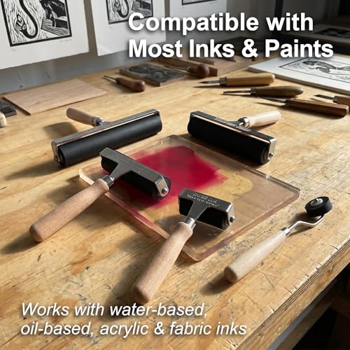 Soft Rubber Brayer – 45A Durometer Printmaking Roller, 6 Inch, for Gel Printing, Linocut & Block Printing, Heavy-Duty Steel Frame with Wood Handle - size: 6 in