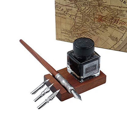 Antique Wooden Stem Pen Handcrafted Calligraphy Pen Set Dip Nib Pens-Writing Case With Black Ink Pen Wooden Holder Cartridges LL-184