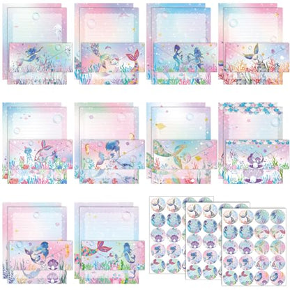 TaoBary 160 Pcs Stationery Paper Set 50 Double Sided Stationery Papers with 50 Matching Envelopes and 60 Round Dot Sticker, 10 Design(Mermaid,8.5 x 11 Inch) - size: 8.5 x 11 Inch, style: Mermaid