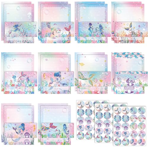 TaoBary 160 Pcs Stationery Paper Set 50 Double Sided Stationery Papers with 50 Matching Envelopes and 60 Round Dot Sticker, 10 Design(Mermaid,8.5 x 11 Inch) - size: 8.5 x 11 Inch, style: Mermaid