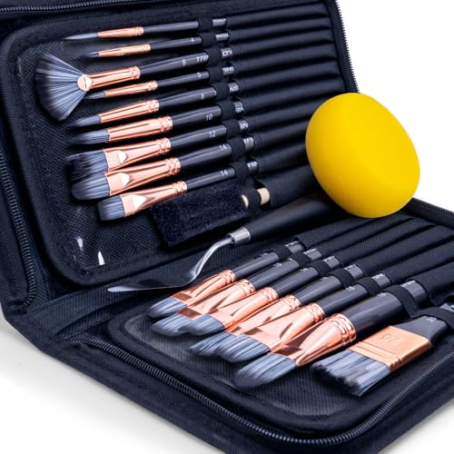 Transon 20Pcs Art Paint Brush Kit with Storage Case, 16 Brushes + Foam Brush Spatula Sponge for Acrylic Oil Watercolor Gouache, Adults Teens Beginners Art Supplies - color: Black