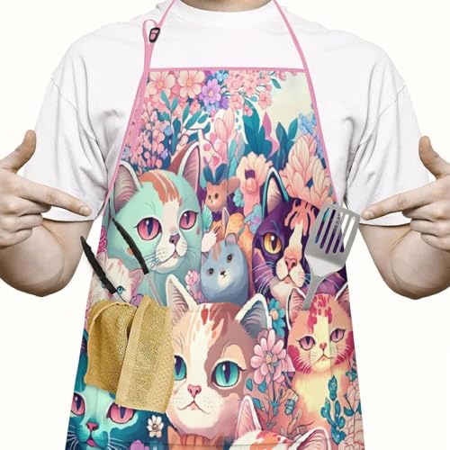 Apron with 2 Pockets,Kitchen Chef Artist Aprons for Cooking Gardening Baking Painting, Waterproof Apron 33" x 27" - color: Cat