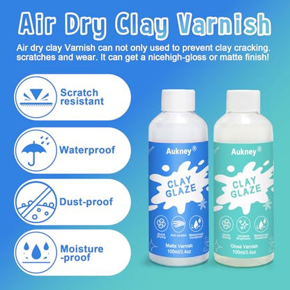 2 x 100ml Air Dry Clay Varnish, 100ml Gloss and 100ml Matte Finish Air Dry Clay Glaze， Prevent Clay from Cracking, and Scratch Resistant，for Ceramics, Oil Paintings, Wood (Gloss+Matte) - size: 2*100ML-Gloss+Matte