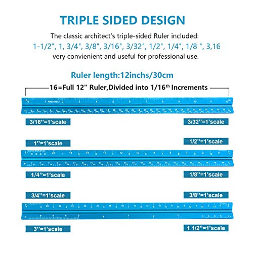 Architectural Scale Ruler, Imperial Measurements 12'', Laser-Etched Aluminum Architect Triangular Ruler for Architects, Students, Draftsman, and Engineers(Blue) | Blue, Laser-Etched Aluminum Architect Triangular Ruler for Architects, Students, Draftsman,
