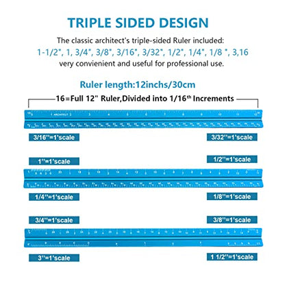 Architectural Scale Ruler, Imperial Measurements 12'', Laser-Etched Aluminum Architect Triangular Ruler for Architects, Students, Draftsman, and Engineers(Blue) | Blue, Laser-Etched Aluminum Architect Triangular Ruler for Architects, Students, Draftsman,