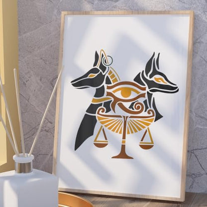 Egyptian Anubis Stencil for Painting, 11.8"x11.8" Reusable Eye of Horus Stencil Drawing Template, Balance Scale DIY Craft Paint Template for Wall Home Decor Wood Burning Card Journal Canvas - style: Classic
