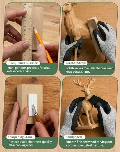 T98 28Pcs Wood Carving Kit, 8 Carving Knives Templates Leather Bag Gift