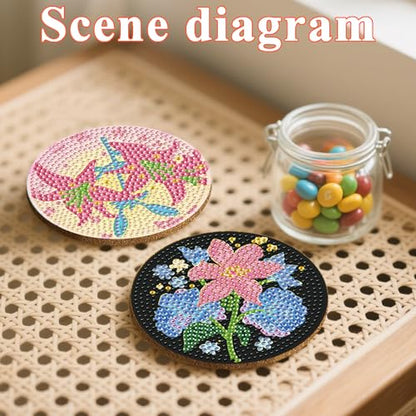 DOTSOPS 6 PCS Flowers Diamond Painting Coasters for Beginners with Holder - color: Eflowerc