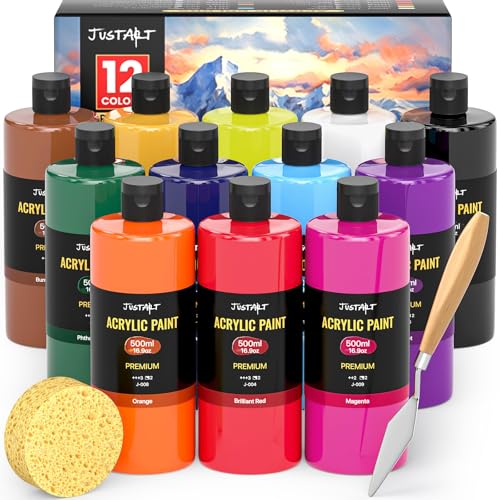 12 Colors Acrylic Paint Bottle Set (500ml/16.9oz), Large Bottles Acrylic Paint Kit, Rich Pigmented Bulk Painting Supplies for Artists, Beginners and Adults on Rocks Canvas Crafts Wood Ceramic Fabric - color: 12 Colors (16.9oz)