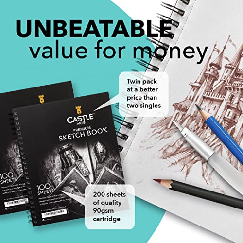 Castle Art Supplies Sketchbook 9 x 12in for Artists - Double Pack Sketchpad | 200 sheets of quality 90gsm paper, spiral bound for versatility - for adult artists, students, and learners alike