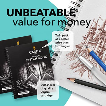 Castle Art Supplies Sketchbook 9 x 12in for Artists - Double Pack Sketchpad | 200 sheets of quality 90gsm paper, spiral bound for versatility - for adult artists, students, and learners alike