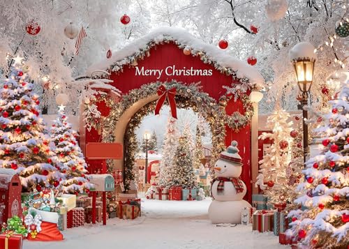 8x6FT Christmas Backdrop Red Wooden Door White Xmas Tree Santa Claus' Mailbox Winter Forest Background for Christmas Themed Party Decoration Vinyl - size: 8x6FT