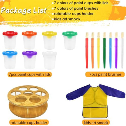 Paint Cups with Lids for Kids, 7pcs Spill Proof Painting Cups with Rotating Holder Toddler Paints Brushes No Spill Paint Cups with Kids Art Smock Paint Containers Art Supplies for Classrooms